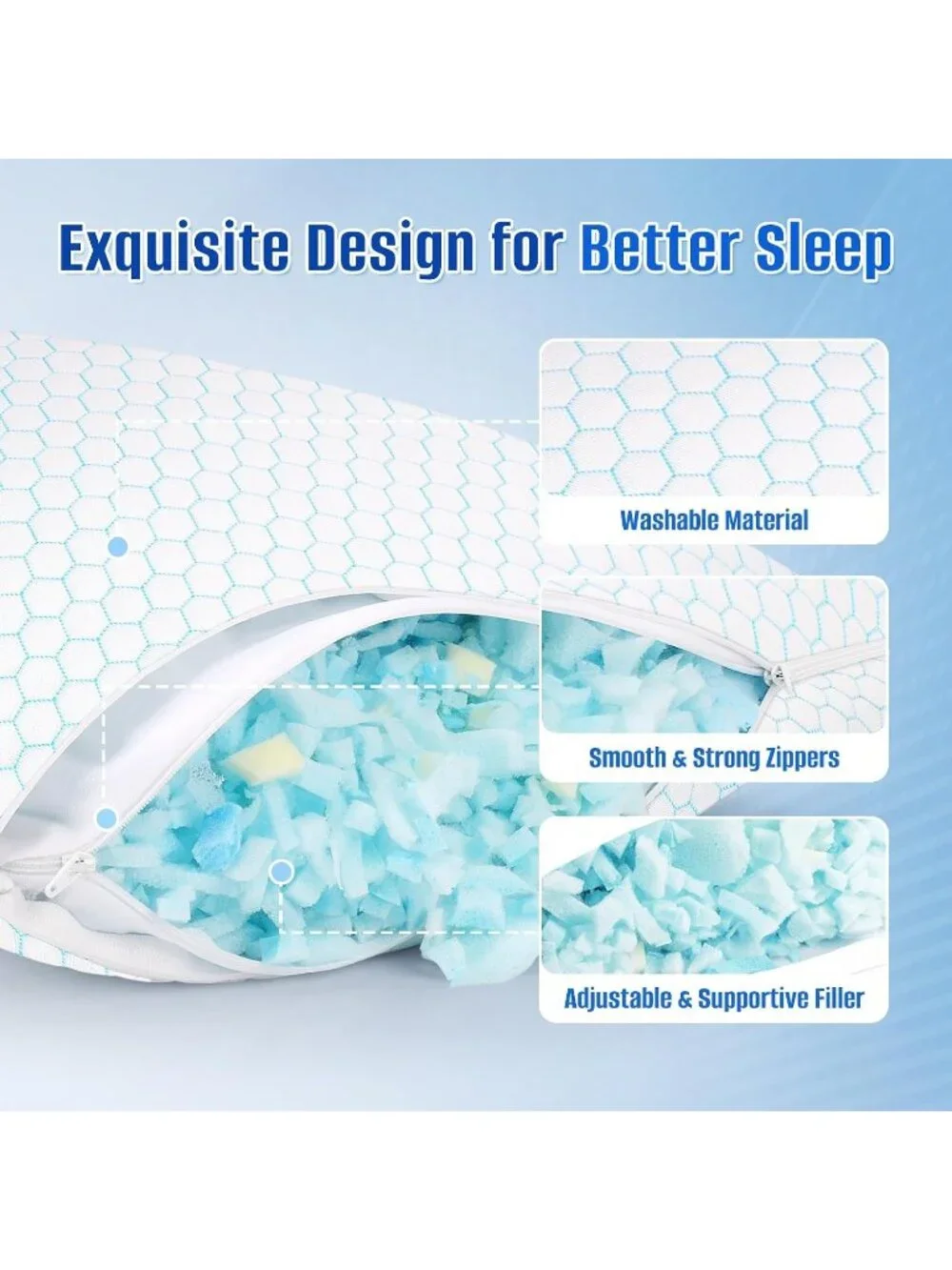 〽️Cooling Pillow King Size Set of 2 Blue Shredded Memory Foam Adjustable Pillows